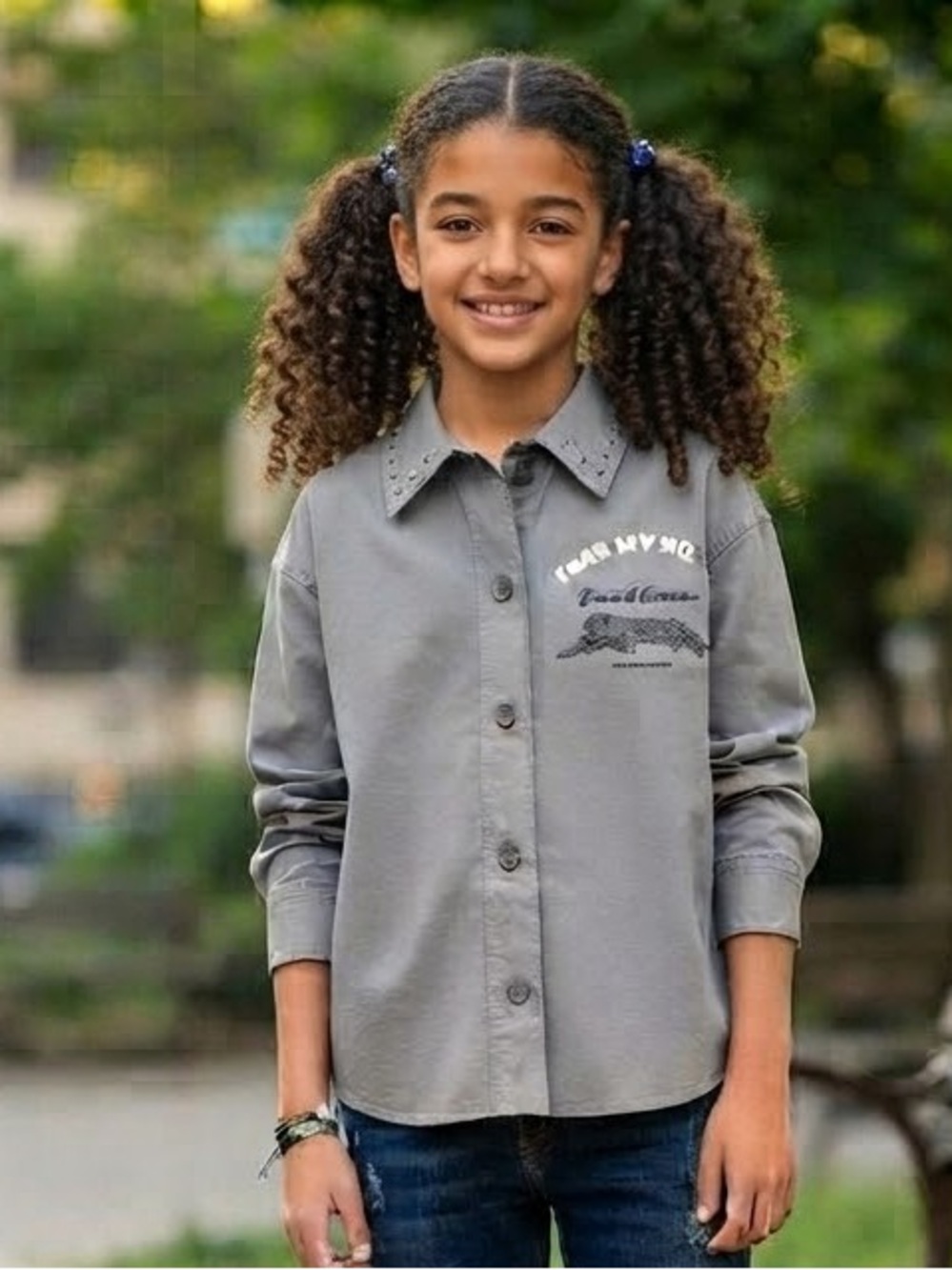 Zara Kids Gray Button Down Shirt with Studded Collar